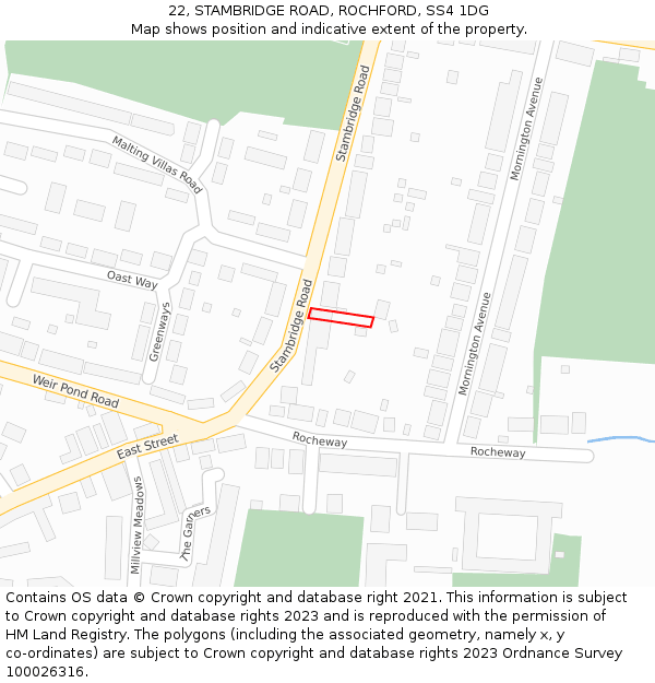 22, STAMBRIDGE ROAD, ROCHFORD, SS4 1DG: Location map and indicative extent of plot