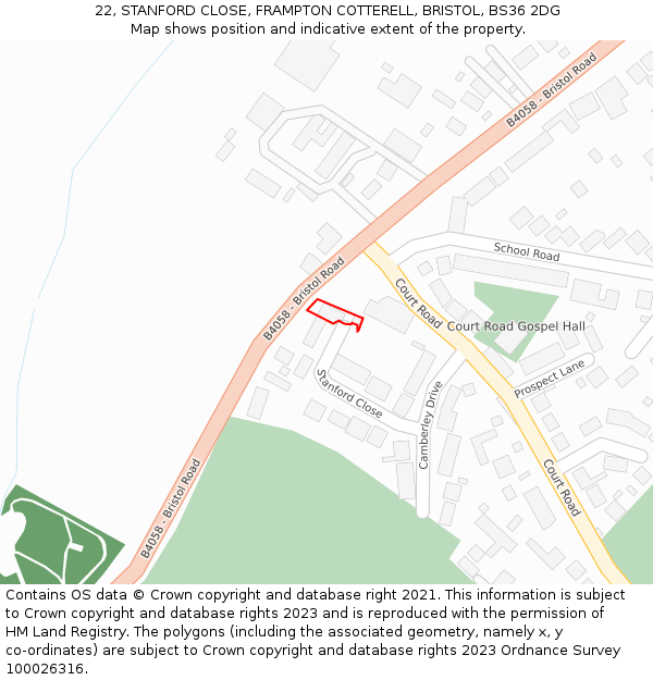 22, STANFORD CLOSE, FRAMPTON COTTERELL, BRISTOL, BS36 2DG: Location map and indicative extent of plot