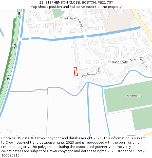 22, STEPHENSON CLOSE, BOSTON, PE21 7SY: Location map and indicative extent of plot