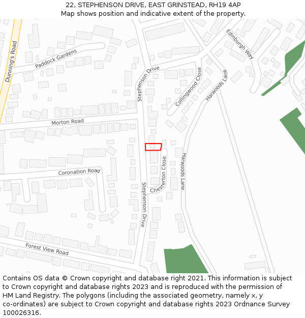 22, STEPHENSON DRIVE, EAST GRINSTEAD, RH19 4AP: Location map and indicative extent of plot