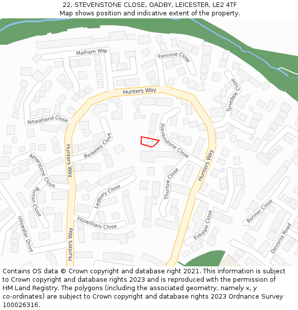 22, STEVENSTONE CLOSE, OADBY, LEICESTER, LE2 4TF: Location map and indicative extent of plot