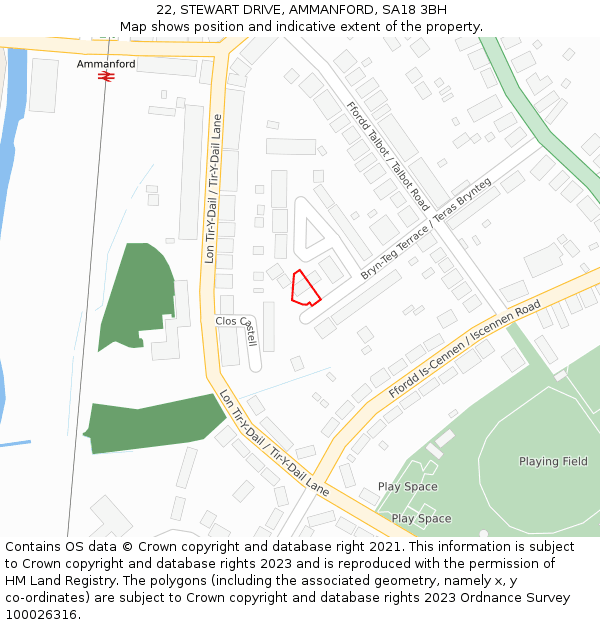 22, STEWART DRIVE, AMMANFORD, SA18 3BH: Location map and indicative extent of plot