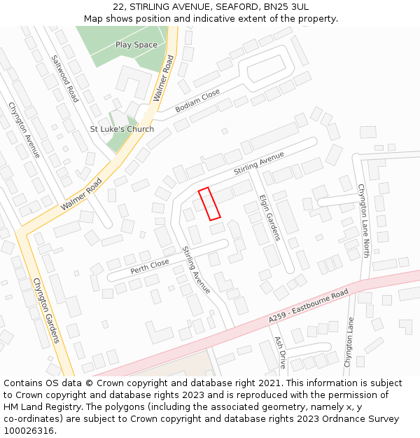 22, STIRLING AVENUE, SEAFORD, BN25 3UL: Location map and indicative extent of plot