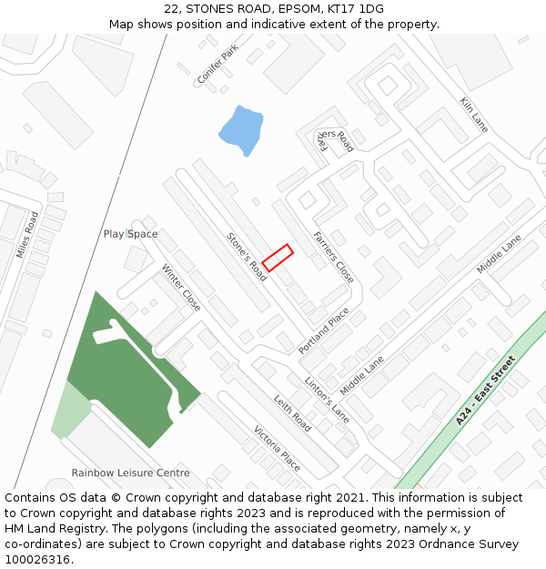 22, STONES ROAD, EPSOM, KT17 1DG: Location map and indicative extent of plot