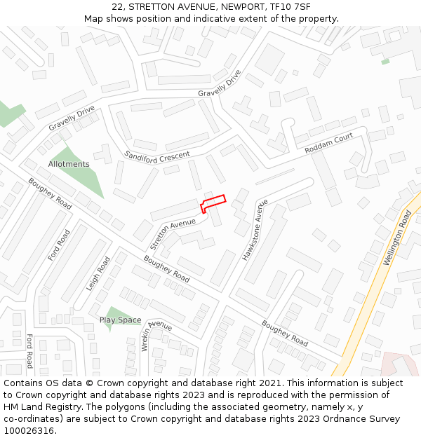 22, STRETTON AVENUE, NEWPORT, TF10 7SF: Location map and indicative extent of plot