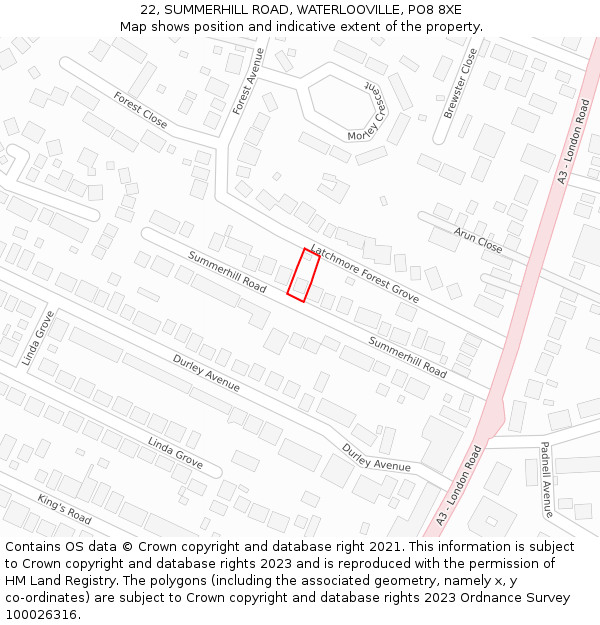 22, SUMMERHILL ROAD, WATERLOOVILLE, PO8 8XE: Location map and indicative extent of plot