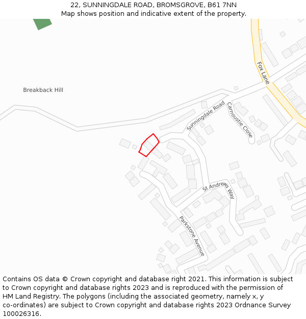 22, SUNNINGDALE ROAD, BROMSGROVE, B61 7NN: Location map and indicative extent of plot