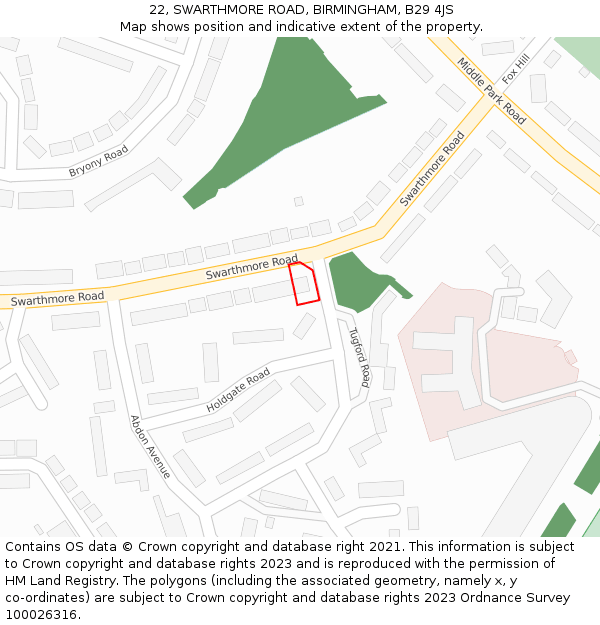 22, SWARTHMORE ROAD, BIRMINGHAM, B29 4JS: Location map and indicative extent of plot