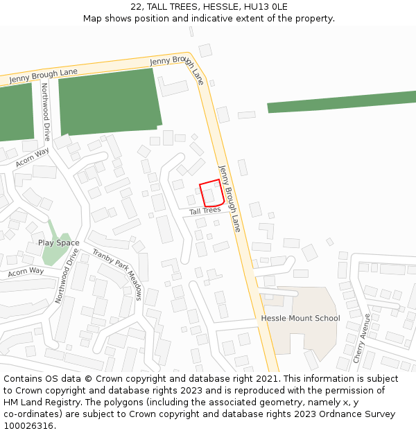 22, TALL TREES, HESSLE, HU13 0LE: Location map and indicative extent of plot