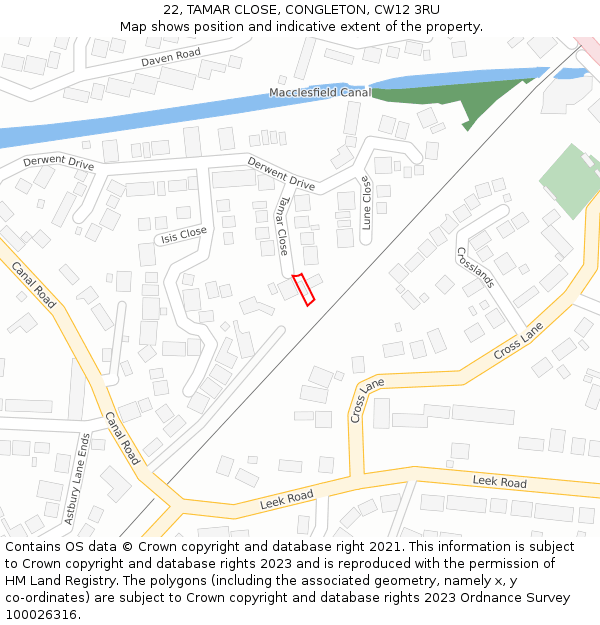22, TAMAR CLOSE, CONGLETON, CW12 3RU: Location map and indicative extent of plot