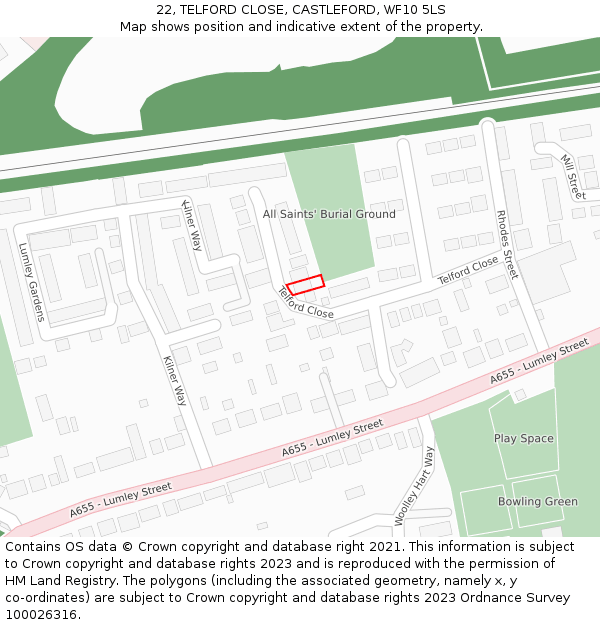 22, TELFORD CLOSE, CASTLEFORD, WF10 5LS: Location map and indicative extent of plot