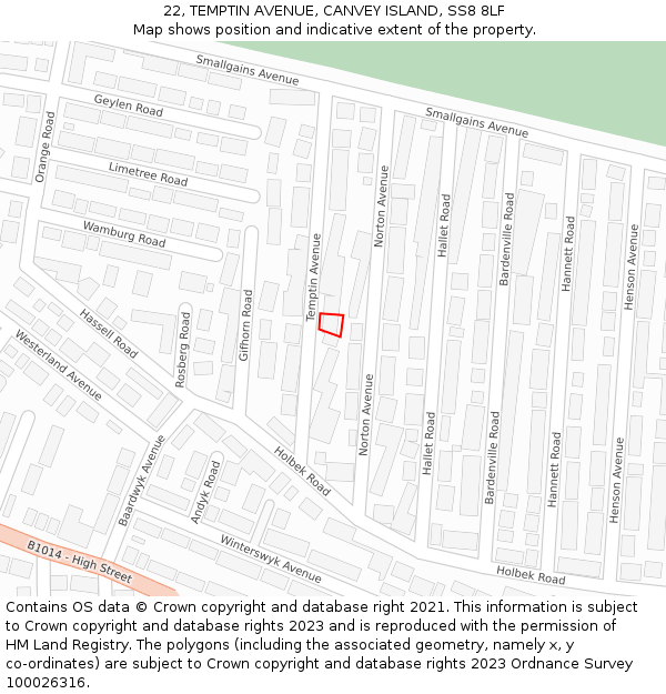 22, TEMPTIN AVENUE, CANVEY ISLAND, SS8 8LF: Location map and indicative extent of plot