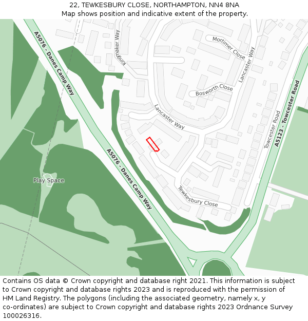 22, TEWKESBURY CLOSE, NORTHAMPTON, NN4 8NA: Location map and indicative extent of plot