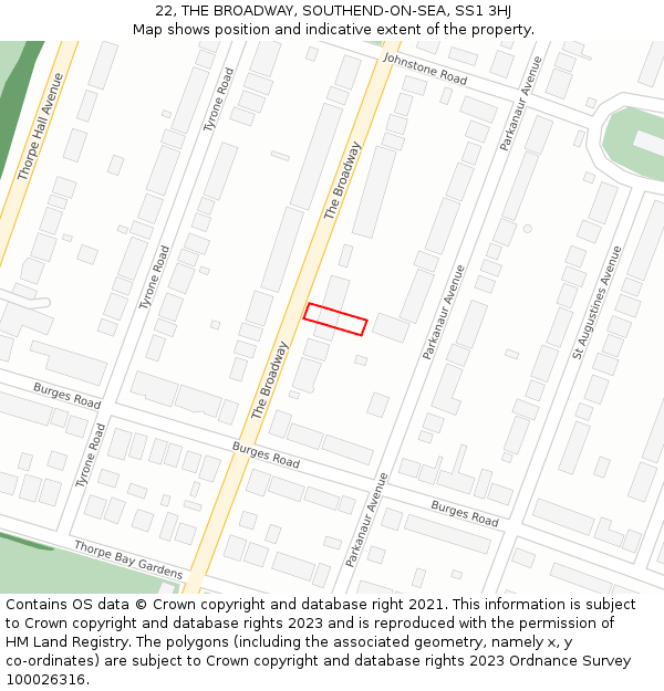 22, THE BROADWAY, SOUTHEND-ON-SEA, SS1 3HJ: Location map and indicative extent of plot