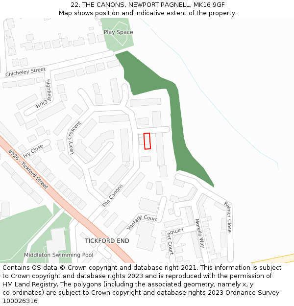 22, THE CANONS, NEWPORT PAGNELL, MK16 9GF: Location map and indicative extent of plot