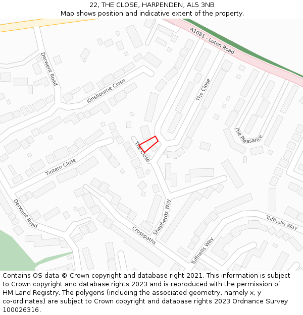 22, THE CLOSE, HARPENDEN, AL5 3NB: Location map and indicative extent of plot