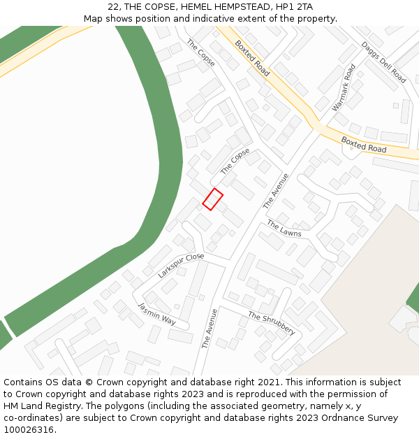 22, THE COPSE, HEMEL HEMPSTEAD, HP1 2TA: Location map and indicative extent of plot