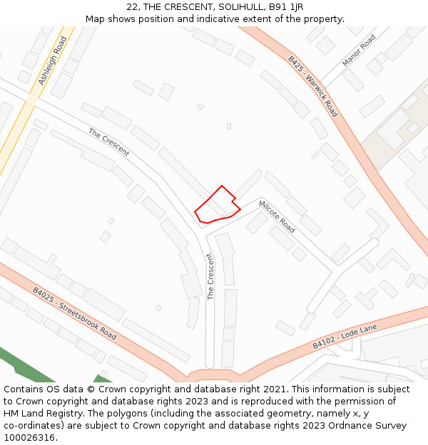 22, THE CRESCENT, SOLIHULL, B91 1JR: Location map and indicative extent of plot