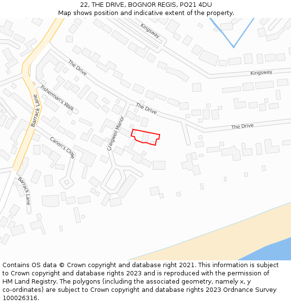 22, THE DRIVE, BOGNOR REGIS, PO21 4DU: Location map and indicative extent of plot