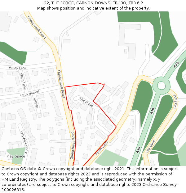 22, THE FORGE, CARNON DOWNS, TRURO, TR3 6JP: Location map and indicative extent of plot