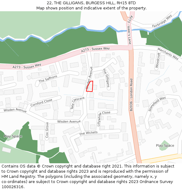 22, THE GILLIGANS, BURGESS HILL, RH15 8TD: Location map and indicative extent of plot