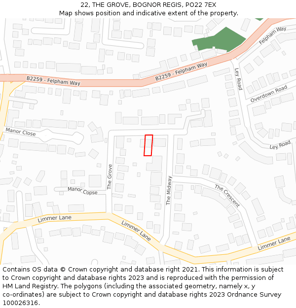 22, THE GROVE, BOGNOR REGIS, PO22 7EX: Location map and indicative extent of plot