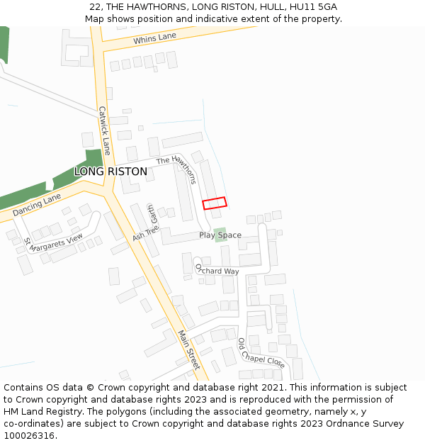 22, THE HAWTHORNS, LONG RISTON, HULL, HU11 5GA: Location map and indicative extent of plot