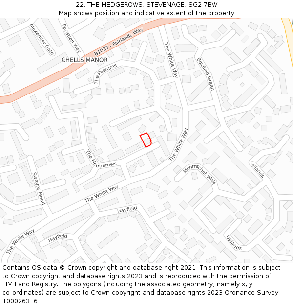 22, THE HEDGEROWS, STEVENAGE, SG2 7BW: Location map and indicative extent of plot