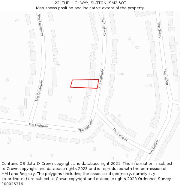 22, THE HIGHWAY, SUTTON, SM2 5QT: Location map and indicative extent of plot