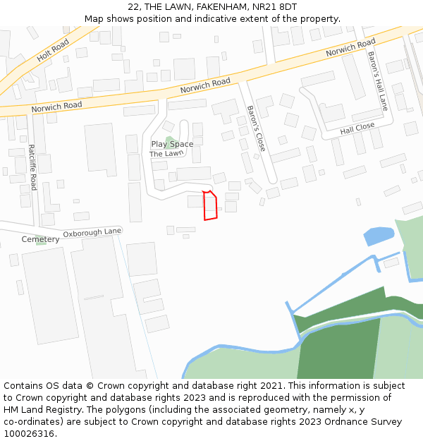 22, THE LAWN, FAKENHAM, NR21 8DT: Location map and indicative extent of plot