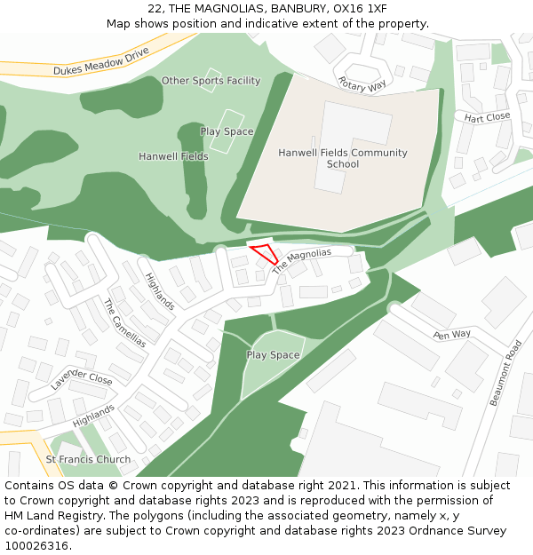 22, THE MAGNOLIAS, BANBURY, OX16 1XF: Location map and indicative extent of plot