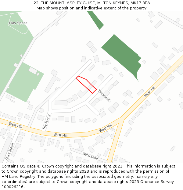 22, THE MOUNT, ASPLEY GUISE, MILTON KEYNES, MK17 8EA: Location map and indicative extent of plot