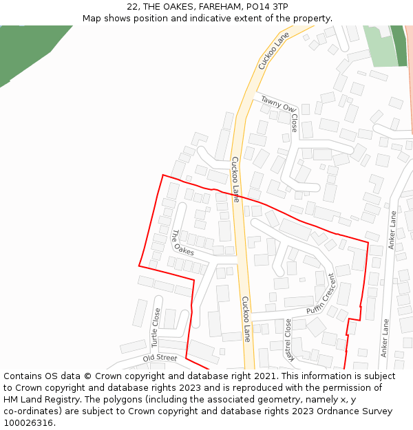 22, THE OAKES, FAREHAM, PO14 3TP: Location map and indicative extent of plot