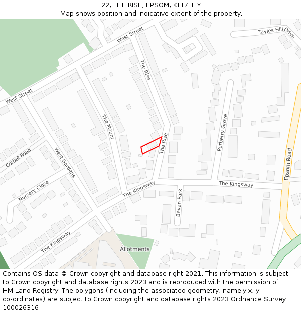 22, THE RISE, EPSOM, KT17 1LY: Location map and indicative extent of plot