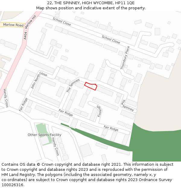 22, THE SPINNEY, HIGH WYCOMBE, HP11 1QE: Location map and indicative extent of plot