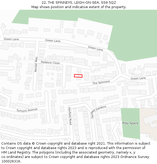 22, THE SPINNEYS, LEIGH-ON-SEA, SS9 5QZ: Location map and indicative extent of plot