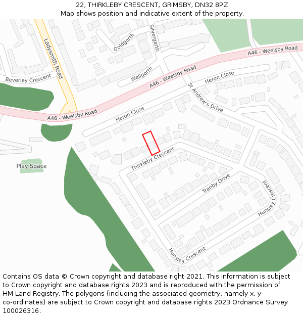 22, THIRKLEBY CRESCENT, GRIMSBY, DN32 8PZ: Location map and indicative extent of plot