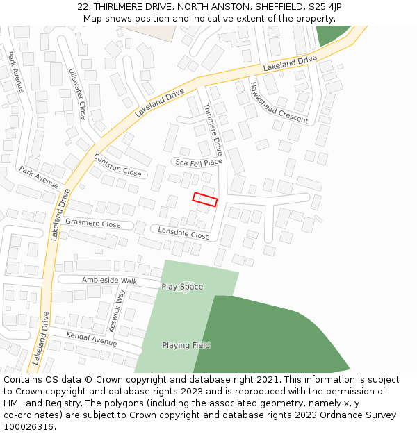 22, THIRLMERE DRIVE, NORTH ANSTON, SHEFFIELD, S25 4JP: Location map and indicative extent of plot