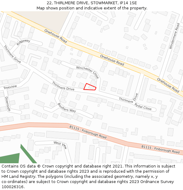 22, THIRLMERE DRIVE, STOWMARKET, IP14 1SE: Location map and indicative extent of plot