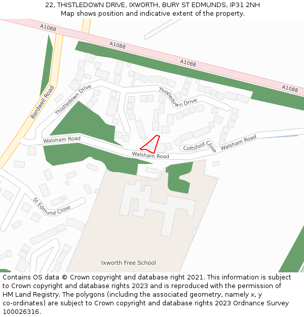 22, THISTLEDOWN DRIVE, IXWORTH, BURY ST EDMUNDS, IP31 2NH: Location map and indicative extent of plot