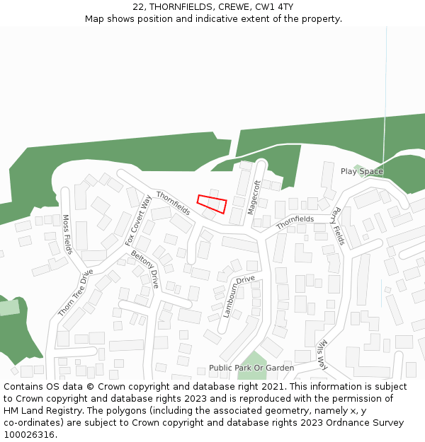 22, THORNFIELDS, CREWE, CW1 4TY: Location map and indicative extent of plot