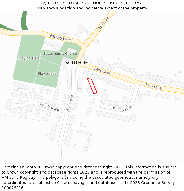 22, THURLEY CLOSE, SOUTHOE, ST NEOTS, PE19 5YH: Location map and indicative extent of plot