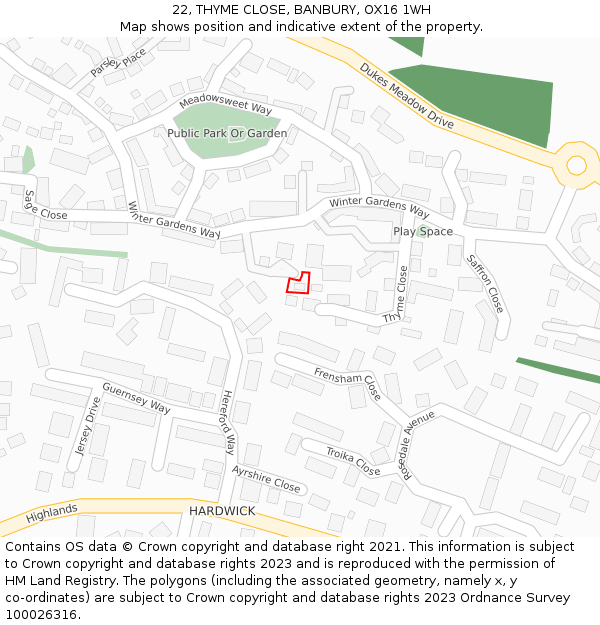 22, THYME CLOSE, BANBURY, OX16 1WH: Location map and indicative extent of plot