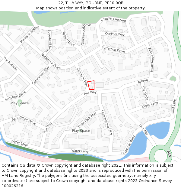 22, TILIA WAY, BOURNE, PE10 0QR: Location map and indicative extent of plot