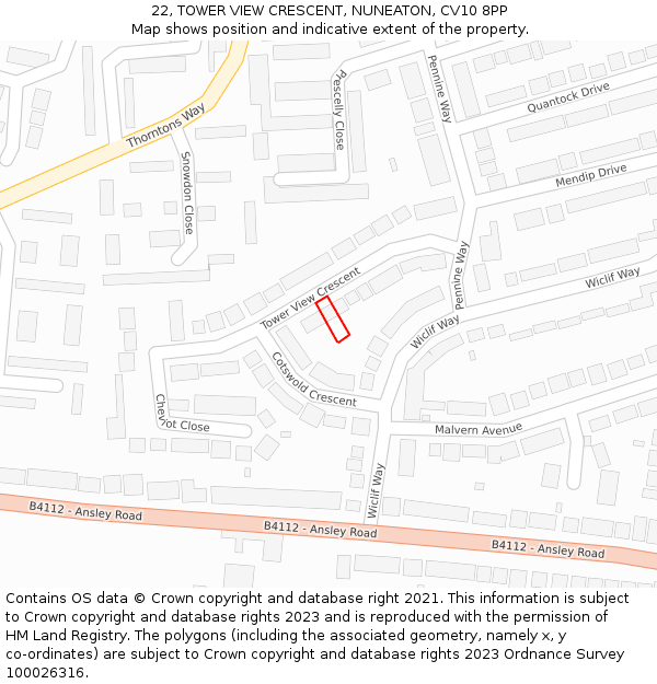 22, TOWER VIEW CRESCENT, NUNEATON, CV10 8PP: Location map and indicative extent of plot