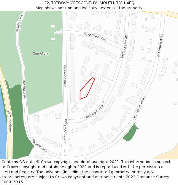 22, TREDOVA CRESCENT, FALMOUTH, TR11 4EQ: Location map and indicative extent of plot