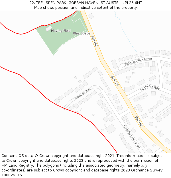 22, TRELISPEN PARK, GORRAN HAVEN, ST AUSTELL, PL26 6HT: Location map and indicative extent of plot