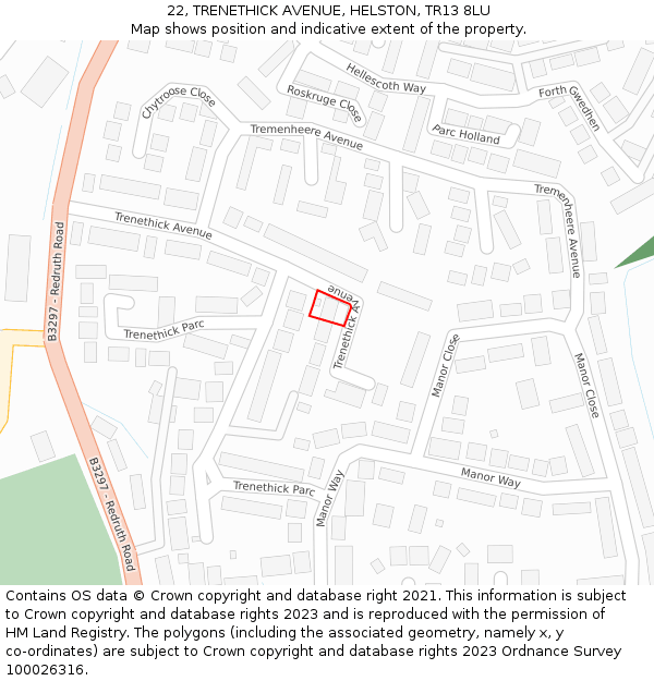 22, TRENETHICK AVENUE, HELSTON, TR13 8LU: Location map and indicative extent of plot