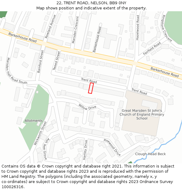 22, TRENT ROAD, NELSON, BB9 0NY: Location map and indicative extent of plot