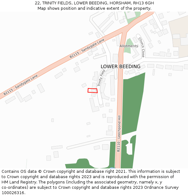 22, TRINITY FIELDS, LOWER BEEDING, HORSHAM, RH13 6GH: Location map and indicative extent of plot